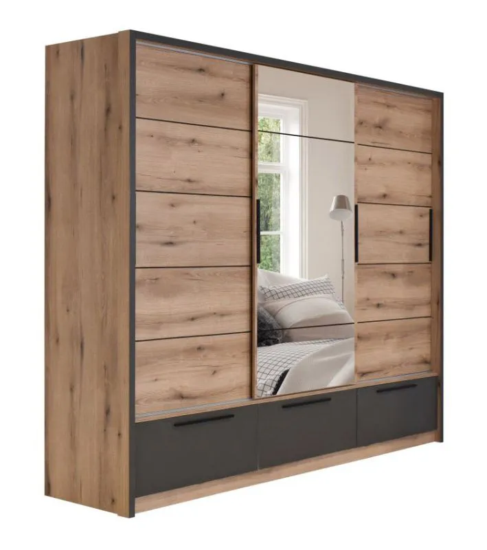 Großer 269 cm breiter Kleiderschrank mit 3 Türen, 6 Fächern und 3 Schubladen | Farbe: Eiche | Tiefe: 64 cm Abbildung