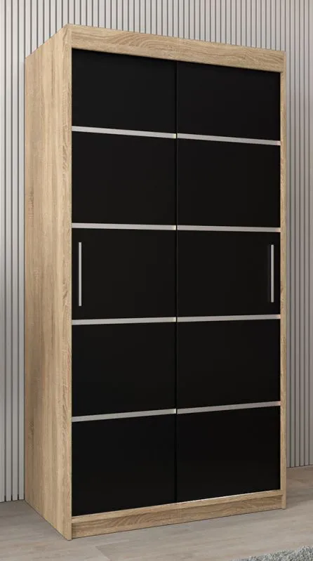 Schiebetürenschrank / Kleiderschrank Jan 01A, Farbe: Eiche Sonoma / Schwarz - Abmessungen: 200 x 100 x 62 cm ( H x B x T)
