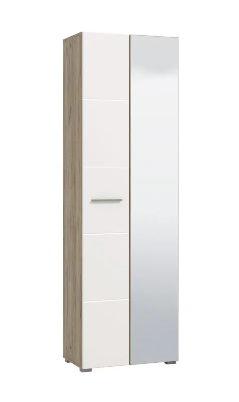 Garderobenschrank mit einer Spiegeltür Kove 01, Farbe: Eiche Grau / Weiß Hochglanz, eine ausziehbare Kleiderstange, vier Fächer, Maße: 192,5 x 60 x 35,5 cm