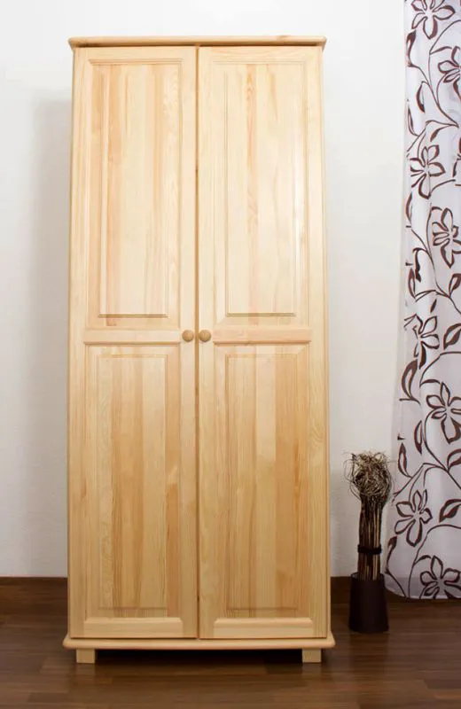 Schmaler Kleiderschrank | 2 Drehtüren | 4 Fächer | mit Kleiderstange | 80 cm breit | Massivholz | Farbe: Natur Abbildung