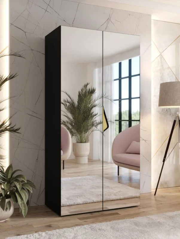 Drehtürenschrank | Farbe: Schwarz | 1 Fach | Griffe: Gold | Maße: 100 x 52 x 202 cm | 1 Kleiderstange | Schlafzimmerschrank mit Spiegel | Soft-Close-Funktion