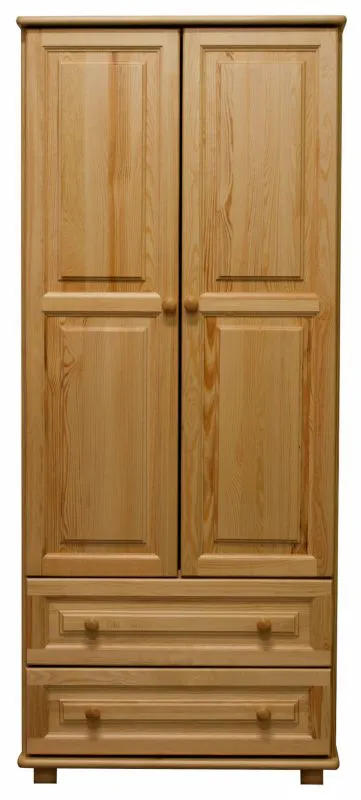 Kleiderschrank | 2 Drehtüren | 2 Schubladen | 1 Fach | mit Kleiderstange | 80 cm breit | Massivholz | Farbe: Natur Abbildung