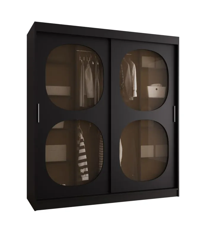 Kleiderschrank / Schiebetürenschrank Ortler 03, Farbe: Schwarz, 1,8 Meter breit, zwei Kleiderstangen, 10 Fächer, Türen mit Rauchglas