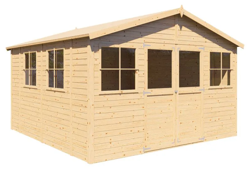 Gartenhaus mit Fenster zum Öffnen, Fichte, Naturbelassen, 3,5 x 3,5 Meter, Gerätehaus mit Satteldach, Elementbauweise, mit Doppeltür