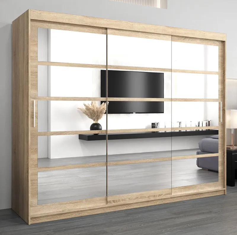 Schiebetürenschrank / Kleiderschrank Aizkorri 06B mit Spiegel, Farbe: Eiche Sonoma - Abmessungen: 200 x 250 x 62 cm (H x B x T)