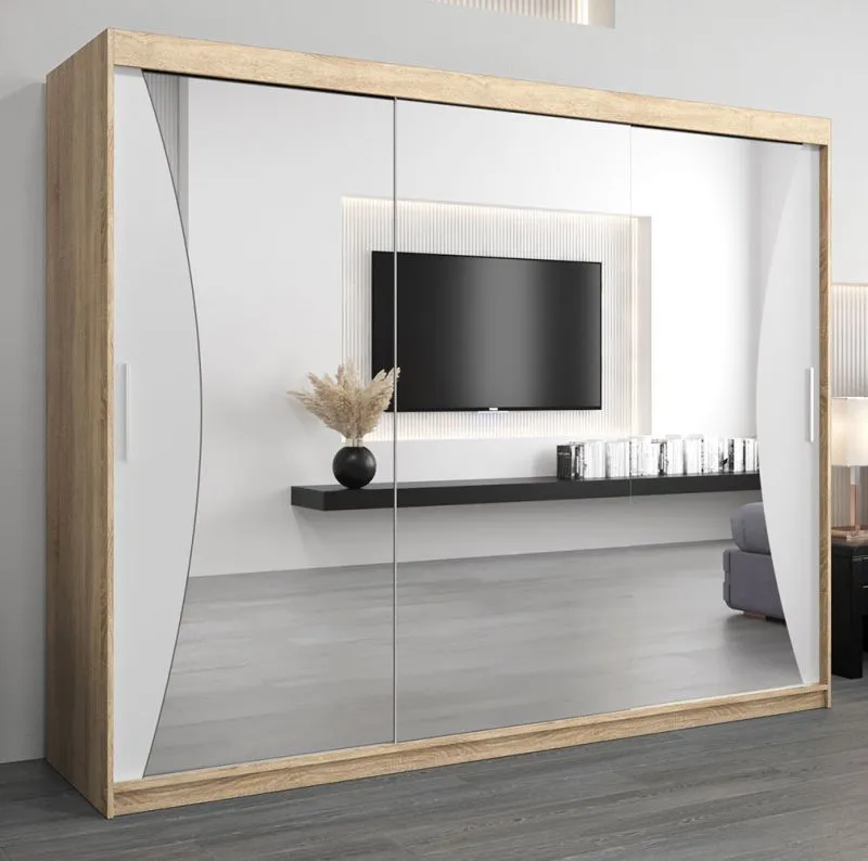 Großer 250 cm breiter Kleiderschrank mit 3 Türen | 10 Fächer | Farbe: Sonoma Eiche / Weiß Abbildung