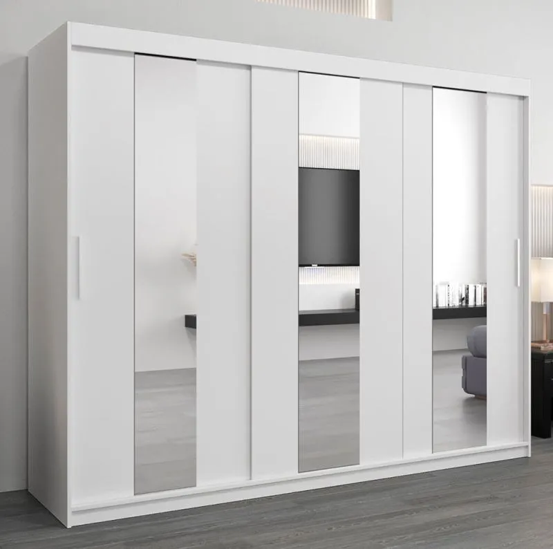 Großer 250 cm breiter Kleiderschrank mit 3 Türen | 10 Fächer | Farbe: Weiß Abbildung