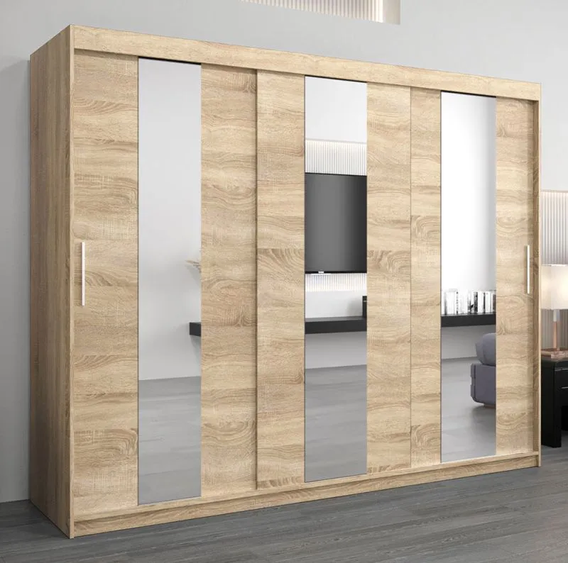 Großer 250 cm breiter Kleiderschrank mit 3 Türen | 10 Fächer | Farbe: Sonoma Eiche Abbildung