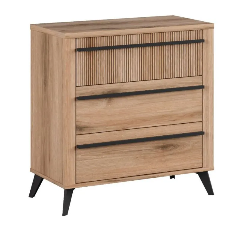 Kommode in Eiche, 83 x 79 x 40 cm, teilweise gerillte Fronten, mit 3 geräumigen Schubladen, elegante längliche Griffe, schwarze Beine, stabil und langlebig
