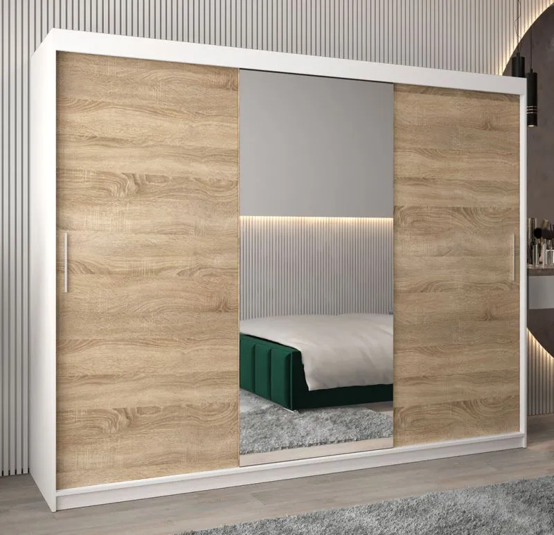 Großer 250 cm breiter Kleiderschrank mit 10 Fächern und 3 Türen | Farbe: Sonoma Eiche / Weiß Abbildung