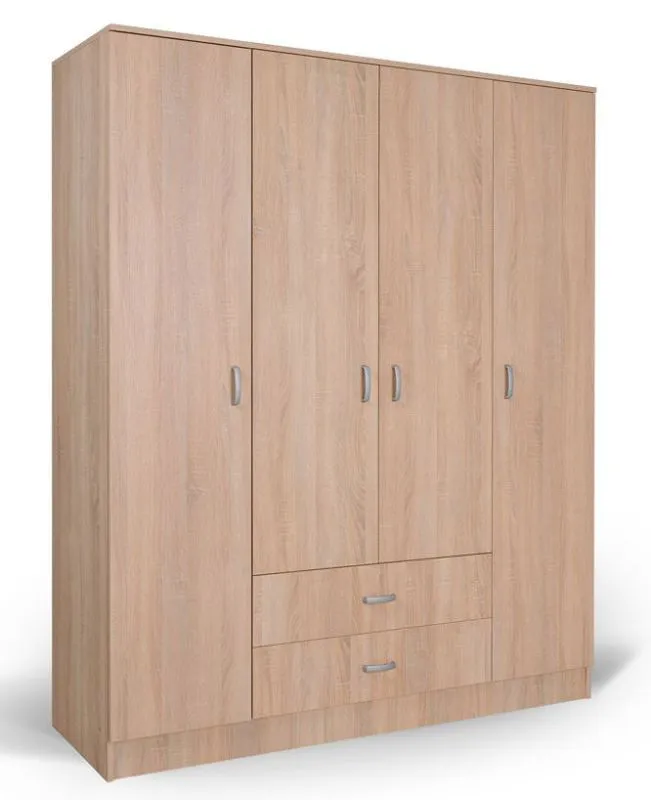 Kleiderschrank | 4 Drehtüren | 2 Schublade | 10 Fächer | mit Kleiderstange | 164 cm breit | Farbe: Braun Abbildung