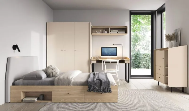Schlafzimmer Komplett - Set A Sampont, 5-teilig, Beige / Eiche hell, angenehmes Design, harmonische Farben, einfache und rasche Montage