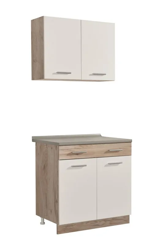 Helle Küchenzeile / Küchenblock Kolubara 05, Farbe: Eiche Grau / Weiß, Griffe: Silber, ein Hängeschrank, eine Schublade, 80 cm breit