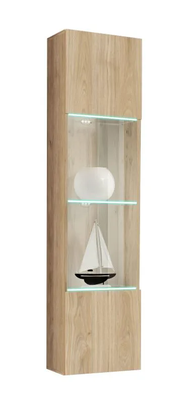 Hängevitrine | Push-to-open Funktion | 1 Glastür | Farbe: Eiche Hickory Jackson | 4 Fächer | Maße: 40 x 29 x 170 cm | inkl. LED-Beleuchtung