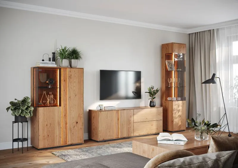 Wohnzimmer Komplett - Set A Sienne, 4-teilig, Massivholz Wildeiche, push-to-open, gebürstet und geölt, inklusive LED-Beleuchtung