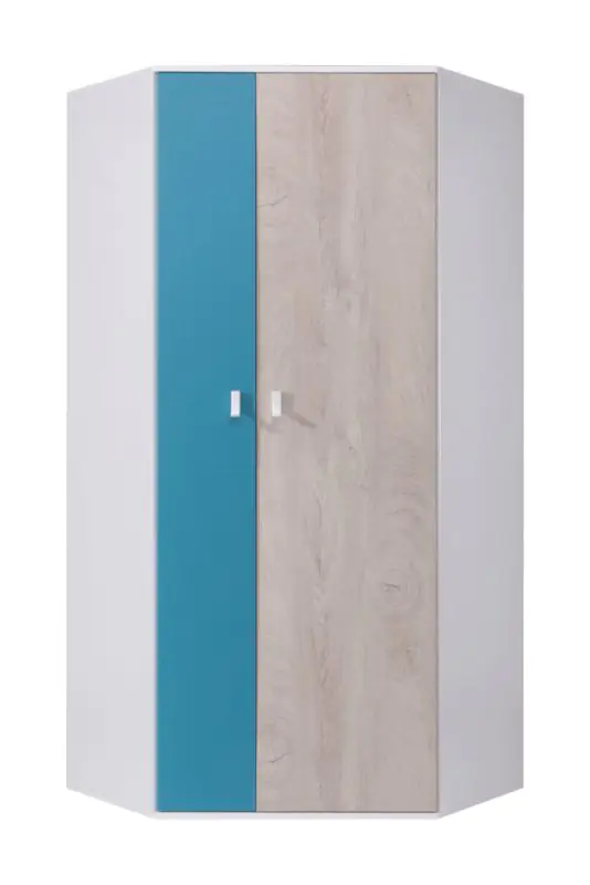 Jugendzimmer - Drehtürenschrank / Eckkleiderschrank Aalst 16, Farbe: Eiche / Weiß / Blau - Abmessungen: 190 x 90 x 90 cm (H x B x T)