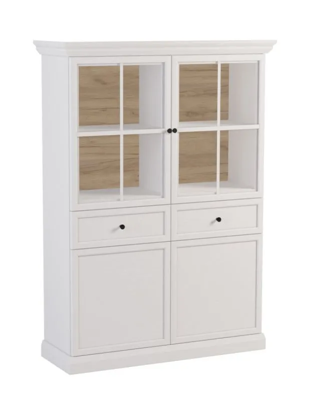 Vitrine Torsakala 09 in Weiß Opal, 161 x 114 x 40 cm, 8 Fächer, 4 Einlegeböden, 2 Schubladen, 2 Holztüren, 2 Glastüren, ABS