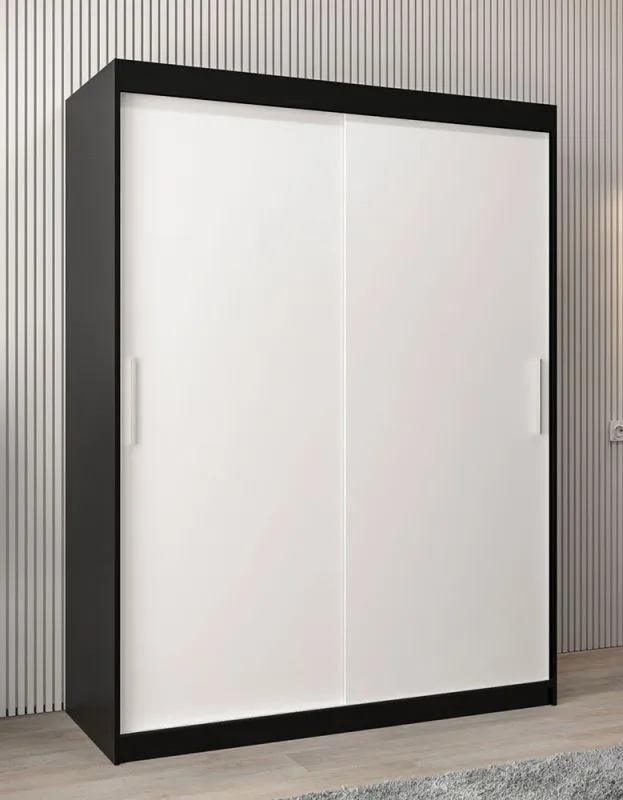 150 cm breiter Schiebetürenschrank mit 2 Türen | 5 Fächer | 2 Kleiderstangen | Farbe: Weiß / Schwarz Abbildung