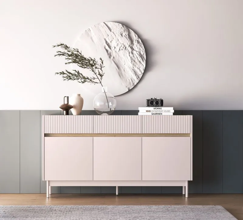Sideboard / Kommode Humboldt 05 | Maße: 154 x 40 x 85 cm | Farbe: Eiche Cremona / Kaschmir | 3 Schubladen | 3 Türen | Beine: Metall | Soft-Close