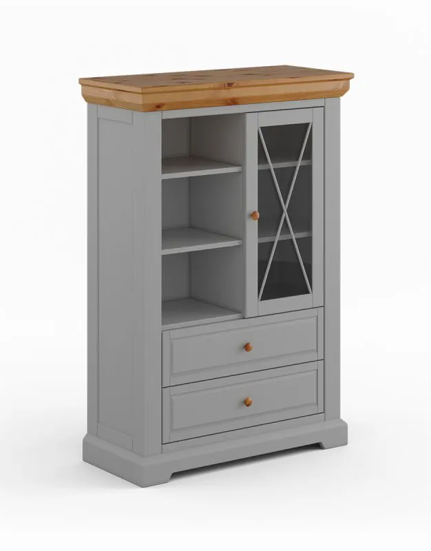 Vitrine Gimone 03, in Grau, zwei Schubladen, Maße: 140 x 95 x 41 cm, Soft-Close-Funktion, aus finnischer Kiefer, sechs Fächer, eine Glastür, klassisch