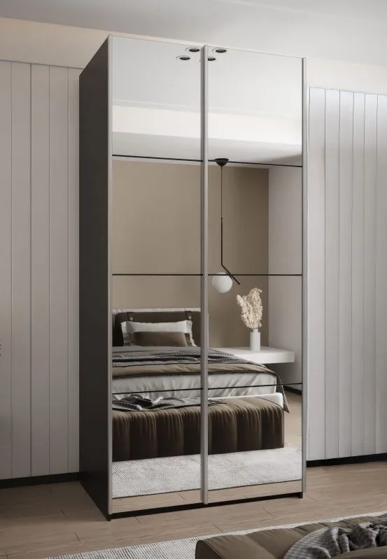 Kleiderschrank / Schiebetürenschrank | 6 Fächer | Soft-Close | 245,5 x 120 x 64 cm | 6 Einlegeböden | 2 Kleiderstangen | 2 Schiebetüren | Farbe: Schwarz