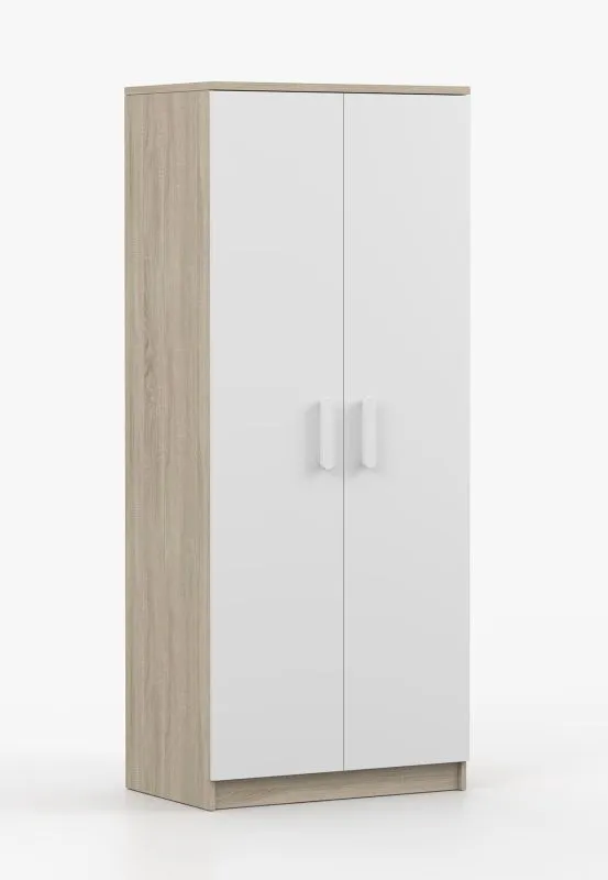 Drehtürenschrank / Kleiderschrank Weiß / Sonoma Eiche | Smolikas 57 | 192 x 80 x 50 cm | 2 Türen | 5 Fächer | Kleiderstange | runde weiße Holzgriffe