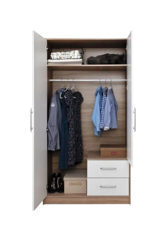 100 cm breiter Kleiderschrank mit 2 Türen, 2 Fächern und 2 Schubladen | Farbe: Weiß | Tiefe: 56 cm Abbildung
