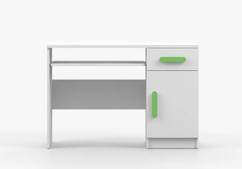 Schreibtisch 1,1 Meter breit | Weiß | Smolikas 92 | grüne Holzgriffe | 75 x 110 x 50 cm | 1 Türe | 3 Fächer | 1 Schublade
