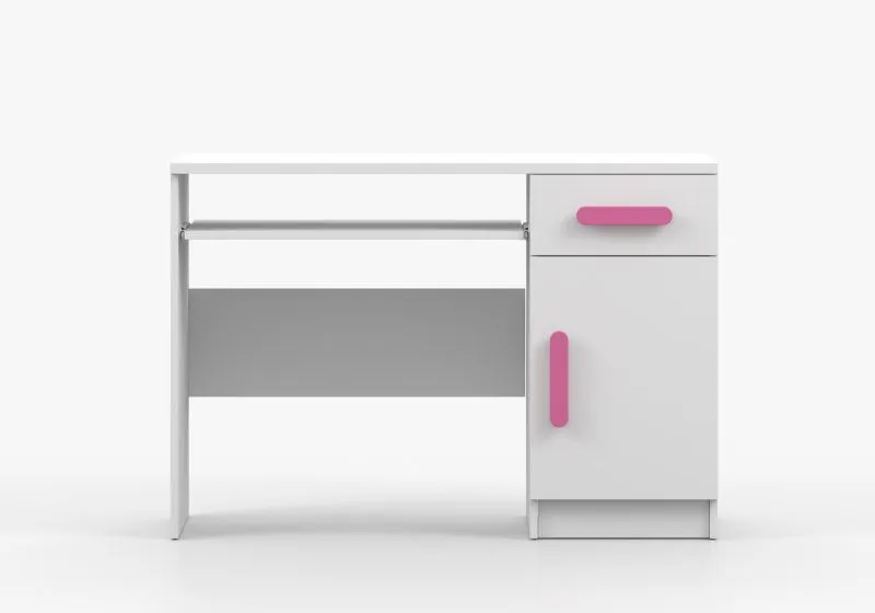 1,1 Meter breiter Schreibtisch | Weiß | Smolikas 90 | 1 Türe | 75 x 110 x 50 cm | rosa Holzgriffe | 1 Schublade | 3 Fächer