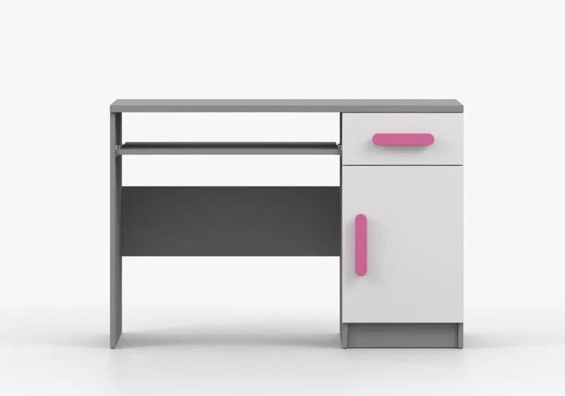 1,1 Meter breiter Schreibtisch | Weiß / Grau | Smolikas 82 | 75 x 110 x 50 cm | 1 Türe | Holzgriffe | 1 Schublade | 3 Fächer