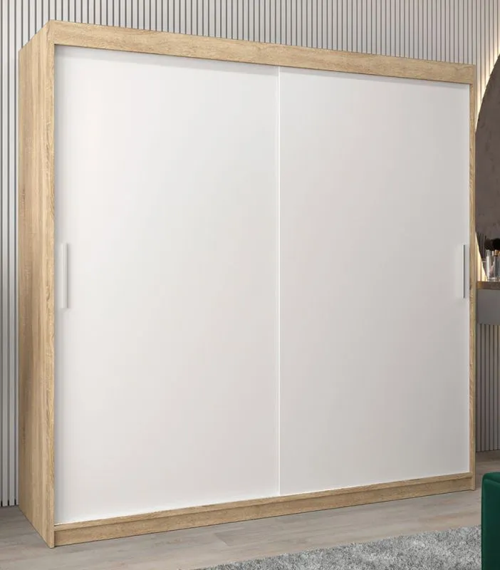 200 cm breiter Schiebetürenschrank mit 2 Türen | 10 Fächer | 2 Kleiderstangen | Farbe: Sonoma Eiche / Weiß Abbildung