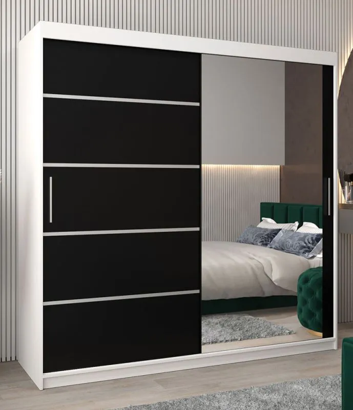 200 cm breiter Kleiderschrank mit 10 Fächern und 2 Türen | Farbe: Weiß / Schwarz Abbildung