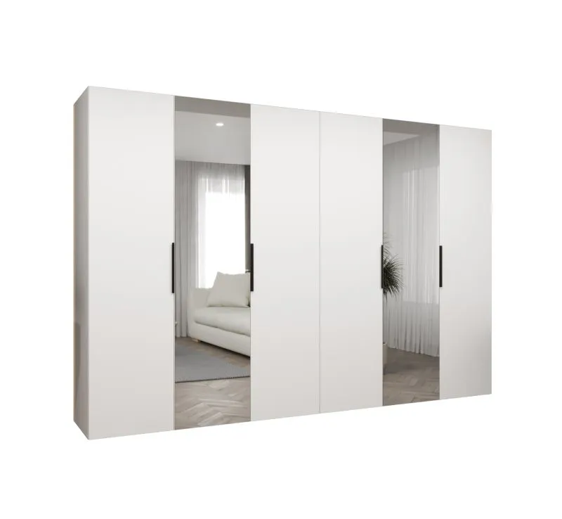 Kleiderschrank / Drehtürenschrank Korab 102, Farbe: Weiß, zwei Spiegeltüren, vier Kleiderstangen, 3 Meter breit, Griffe: Schwarz, vier Fächer, Soft-Close-Funktion