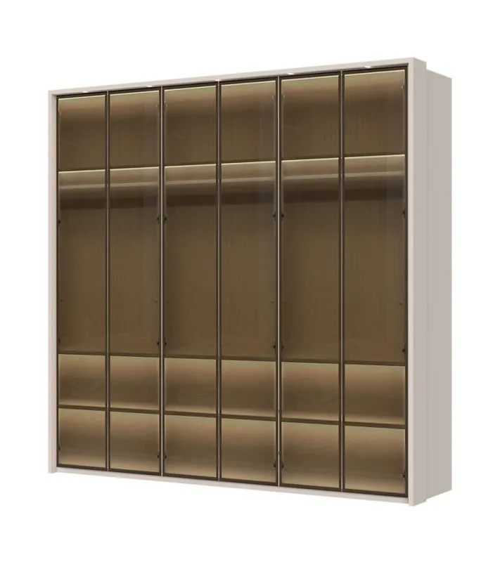 Kleiderschrank mit fünf Glastüren Neiafu 72, inkl. LED-Rahmen und Innenbeleuchtung, Maße: 224 x 227 x 56 cm, Soft-Close-Funktion, drei Kleiderstangen