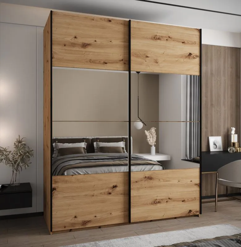Kleiderschrank / Schiebetürenschrank | 11 Fächer | 2 Kleiderstangen | Spiegel | Soft-Close | 245,5 x 200 x 64 cm | Farbe: Eiche Artisan | 2 Schiebetüren