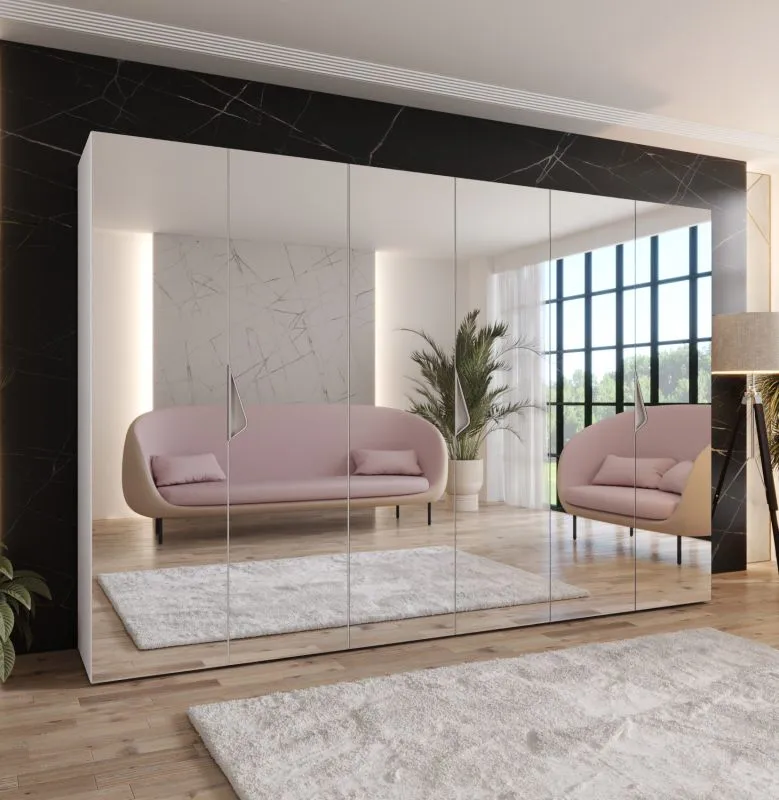 Schlafzimmerschrank mit Spiegel | 3 Fächer | Farbe: Weiß | 3 Kleiderstangen | Kleiderschrank | Griffe: Kaschmir | Maße: 300 x 52 x 202 cm | Soft-Close-Funktion