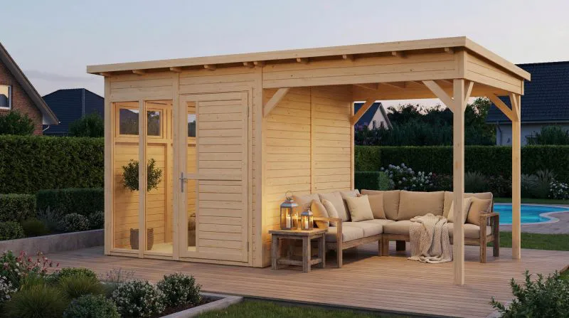 Gartenhaus mit Anbaudach | inkl. Fußboden | Naturbelassen | Elementbauweise | Grundfläche: 10,51 m² | Poolhaus | Flachdach | Sonnenglück 01 | Fenster aus Sicherheitsglas