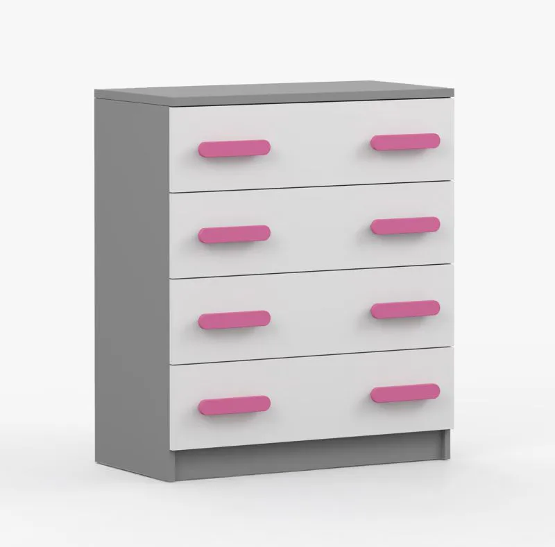 Kommode 80 cm breit | Weiß / Grau | Smolikas 10 | rosa Holzgriffe | 4 geräumige Schubladen | 90 x 80 x 40 cm | Kinder | Jugend