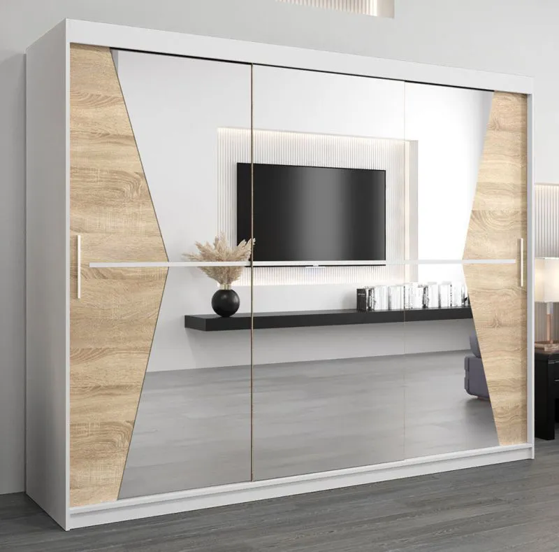 Großer 250 cm breiter Kleiderschrank mit 10 Fächern und 3 Türen | Farbe: Sonoma Eiche / Weiß Abbildung