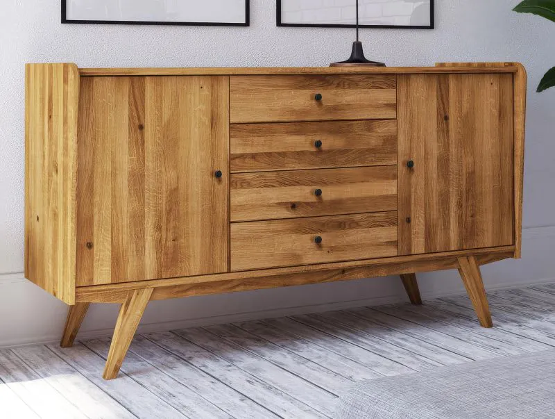 Kommode / Sideboard Otago 13, Push to open System, 4 Fächer, Wildeiche Massivholz geölt, Soft Close System, 90 x 160 x 50 cm, mit vier Schubladen