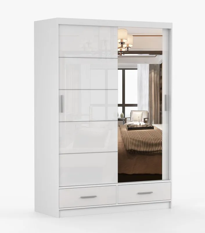 Schiebetürenschrank / Kleiderschrank mit Spiegel | Weiß | Lusatian 01 | 218 x 150 x 61 cm | 2 Türen | 2 Schubladen | 6 Fächer | viel Stauraum