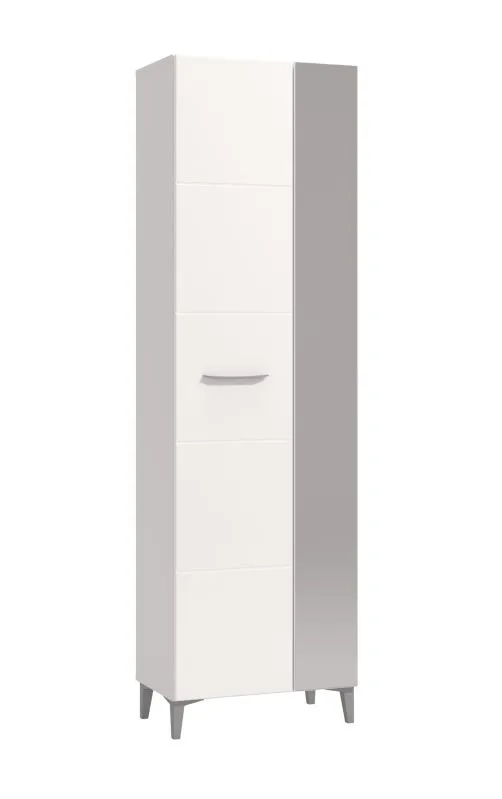 Garderobenschrank Molia 01, Spiegel, Farbe: Eiche Artisan / Weiß Hochglanz, ausziehbare Kleiderstange, ABS-Kanten, vier Fächer, Maße: 195 x 58 x 35 cm