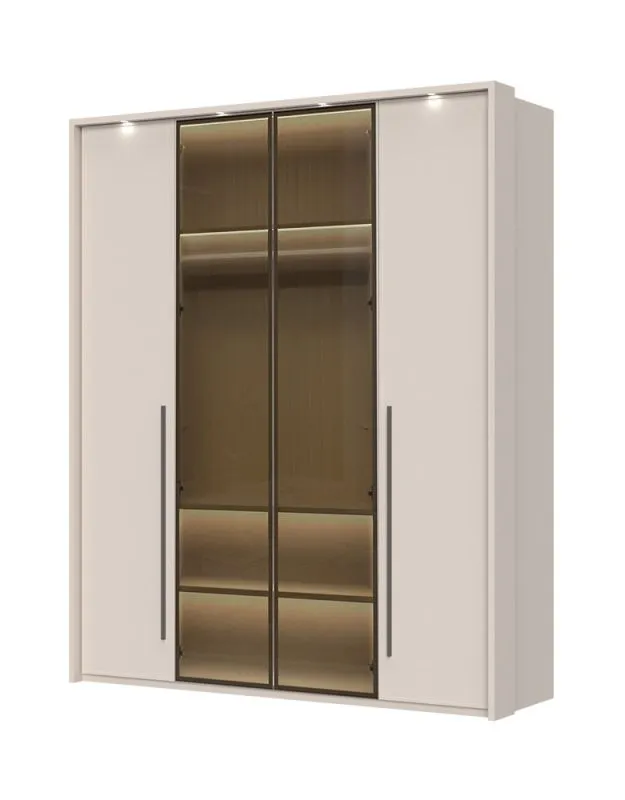 Viertüriger Kleiderschrank mit zwei Glastüren Neiafu 66, Farbe: Kaschmir, Maße: 224 x 182 x 56 cm, inkl. LED-Rahmen & Innenbeleuchtung, zwei Kleiderstangen