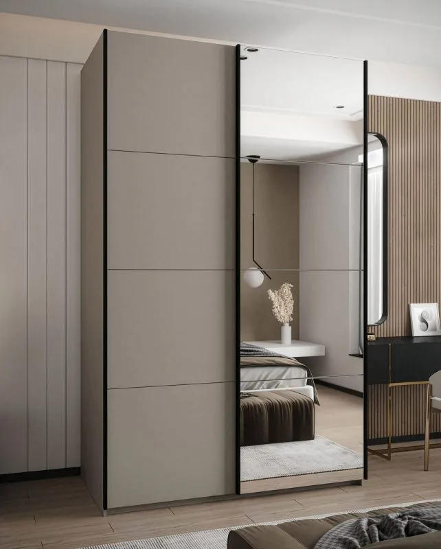 Kleiderschrank / Schiebetürenschrank | Spiegel | 245,5 x 150 x 64 cm | 2 Schiebetüren | 2 Kleiderstangen | Soft-Close | Farbe: Kaschmir | 6 Fächer