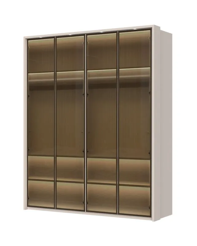 Glastüren-Kleiderschrank mit Innenbeleuchtung Neiafu 67, Farbe: Kaschmir, zwei Kleiderstangen, Soft-Close-Funktion, Maße: 224 x 182 x 56 cm, sechs Einlegeböden