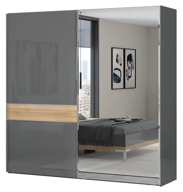230 cm breiter Schiebetürenschrank mit 2 Türen | 12 Fächer | 4 Kleiderstangen | Farbe: Anthrazit Abbildung