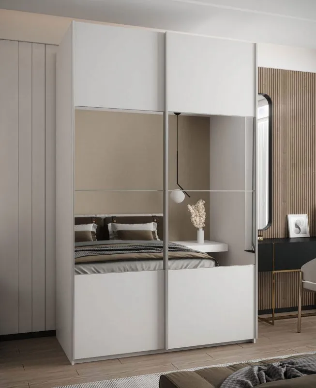 Kleiderschrank / Schiebetürenschrank | 2 Kleiderstangen | 245,5 x 160 x 64 cm | Soft-Close-Funktion | 2 Schiebetüren | Spiegel | 11 Fächer | Farbe: Weiß