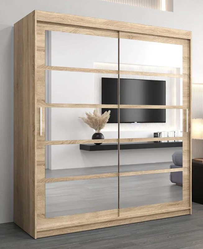 180 cm breiter Schiebetürenschrank mit 2 Türen | 10 Fächer | 2 Kleiderstangen | Farbe: Sonoma Eiche Abbildung
