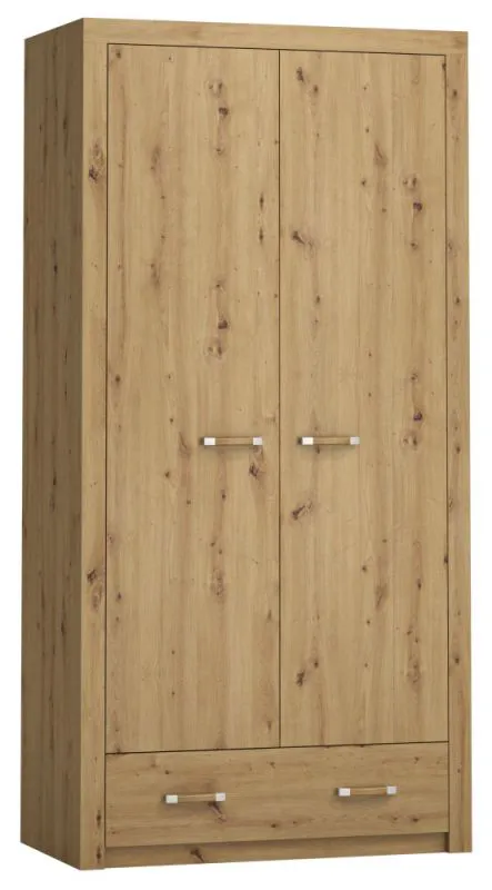 Kleiderschrank | 2 Drehtüren | 1 Schublade | 5 Fächer | mit Kleiderstange | 100 cm breit | Farbe: Eiche Abbildung