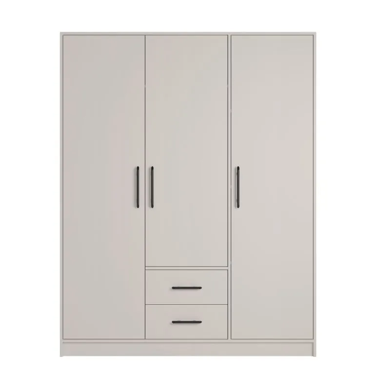 Kleiderschrank im schlichten Design Hannut 07, Farbe: Kaschmir, drei Türen, zwei Schubladen, vier Holzeinlegeböden, Maße: 190 x 150 x 56 cm
